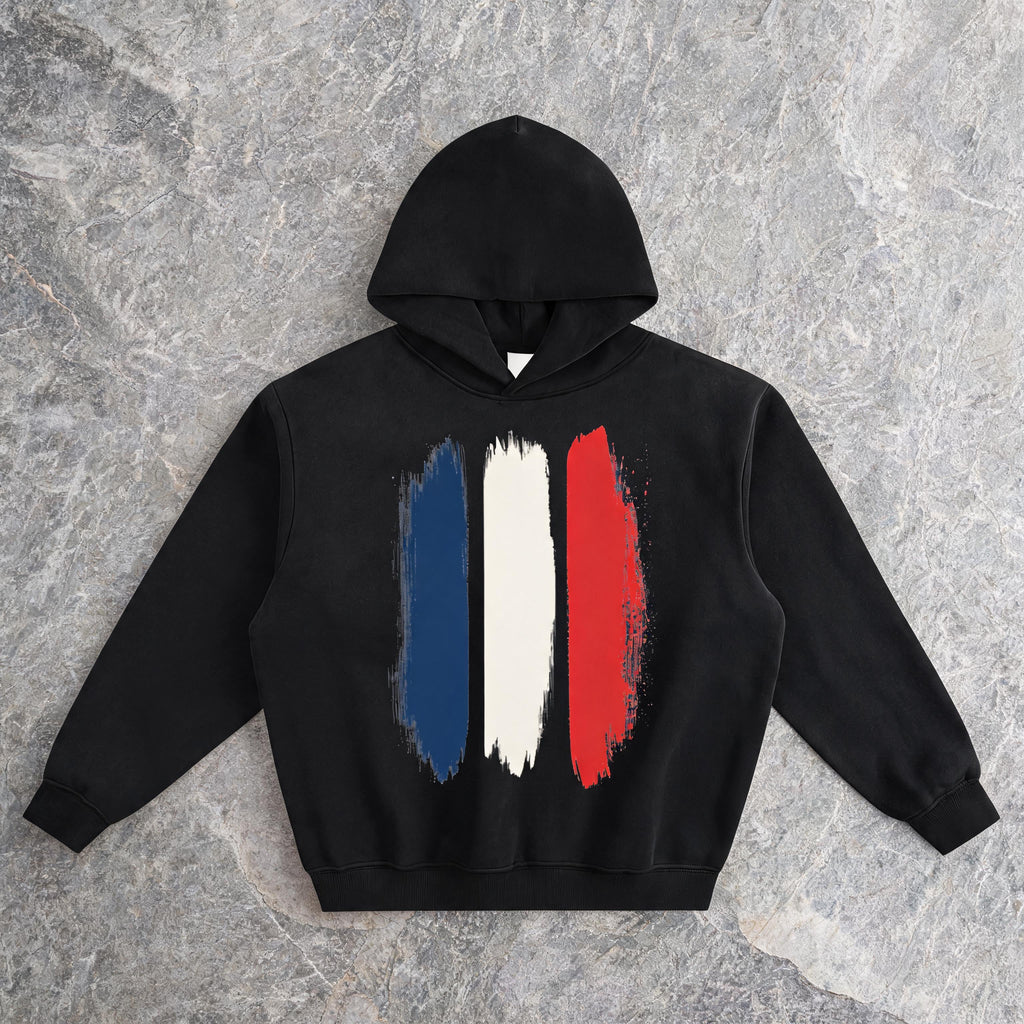 France brushstrokes boxy fleeced hoodie, front view, drop-shoulder fit