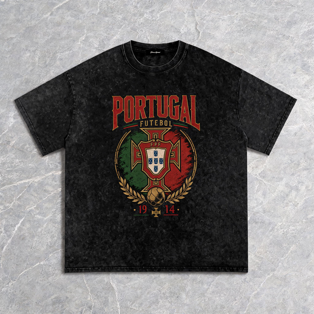 Portugal Vintage Heritage snow-washed heavyweight cotton tee with distressed heritage print, front view