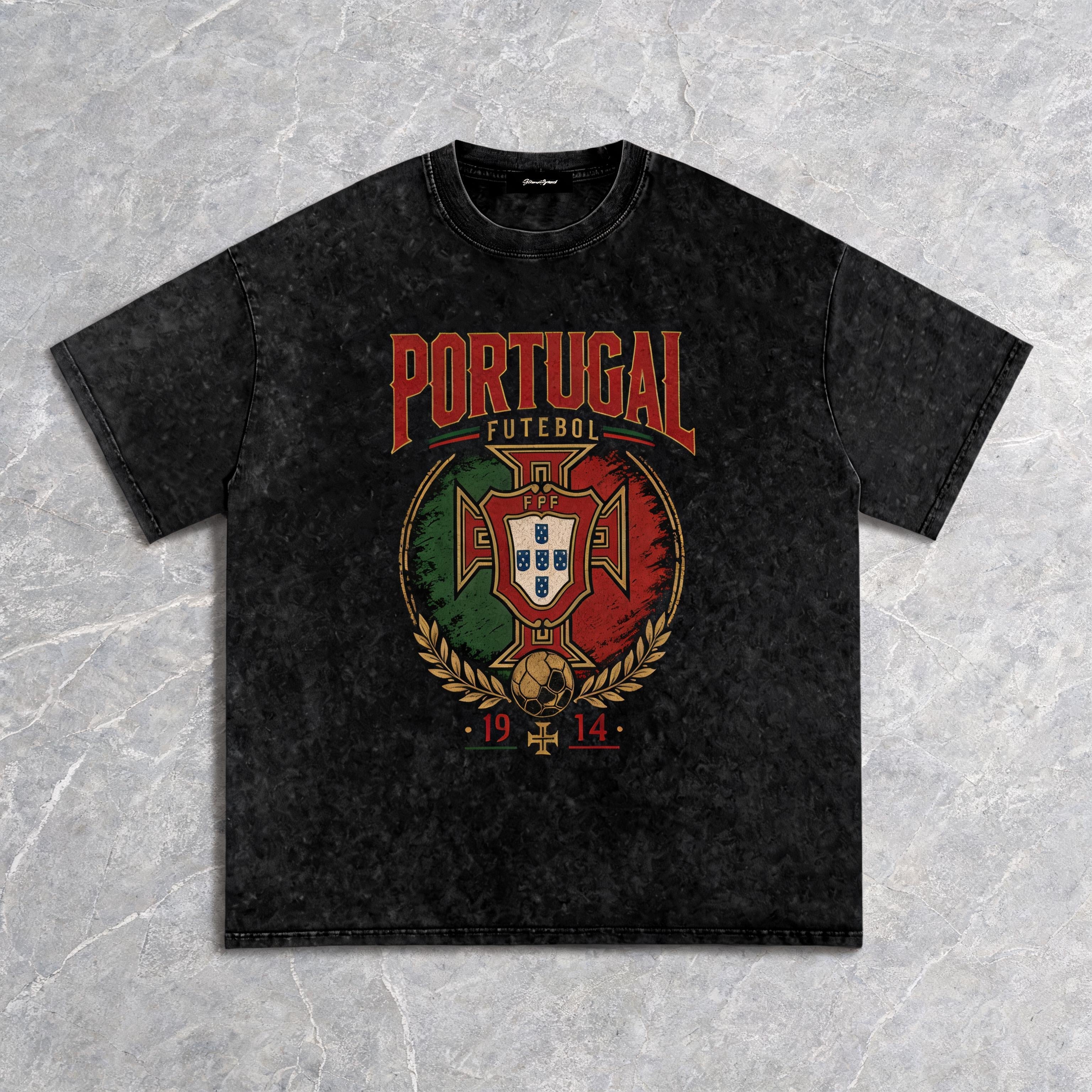 Portugal Vintage Heritage snow-washed heavyweight cotton tee with distressed heritage print, front view