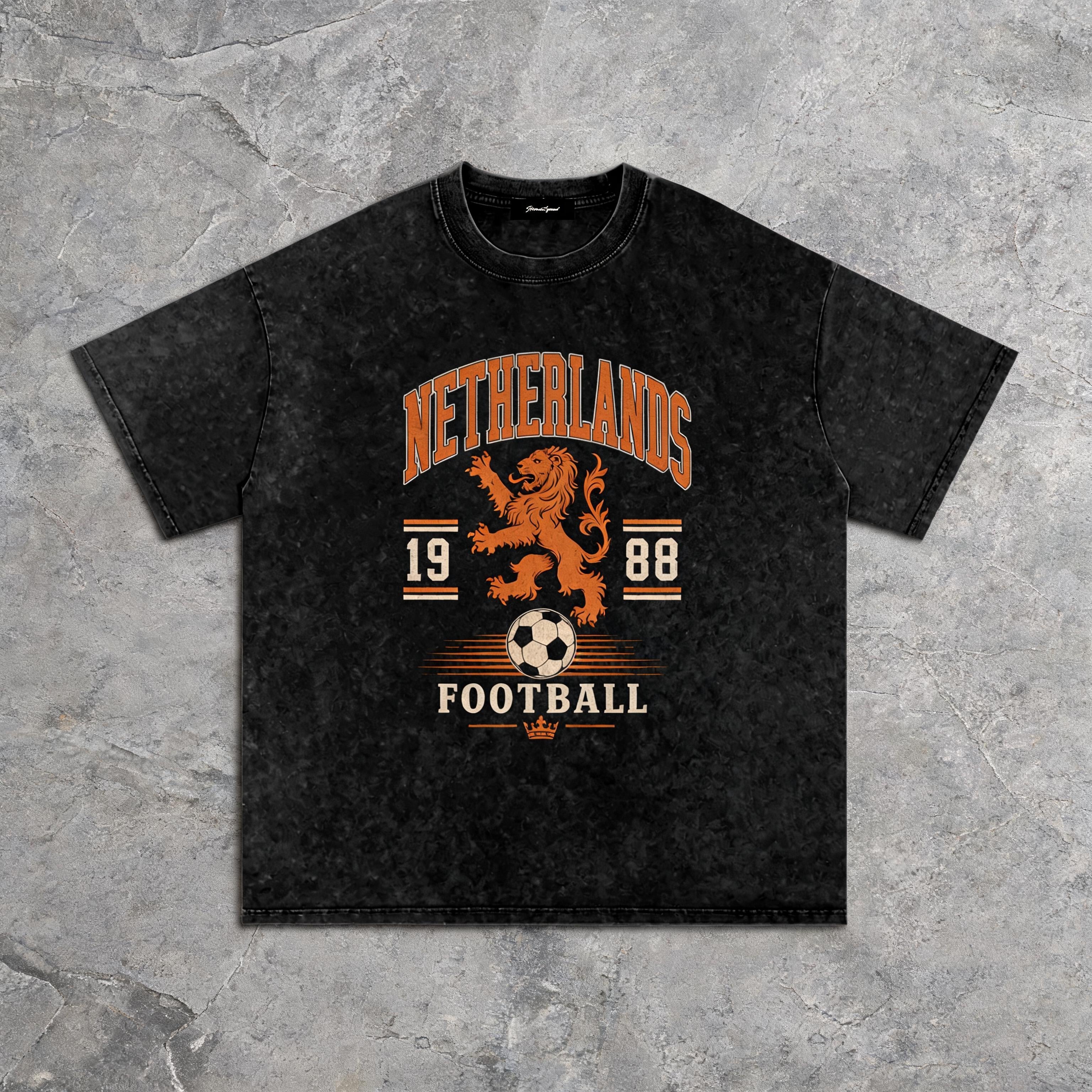 Netherlands Vintage Heritage snow-washed heavyweight cotton tee with distressed heritage print, front view