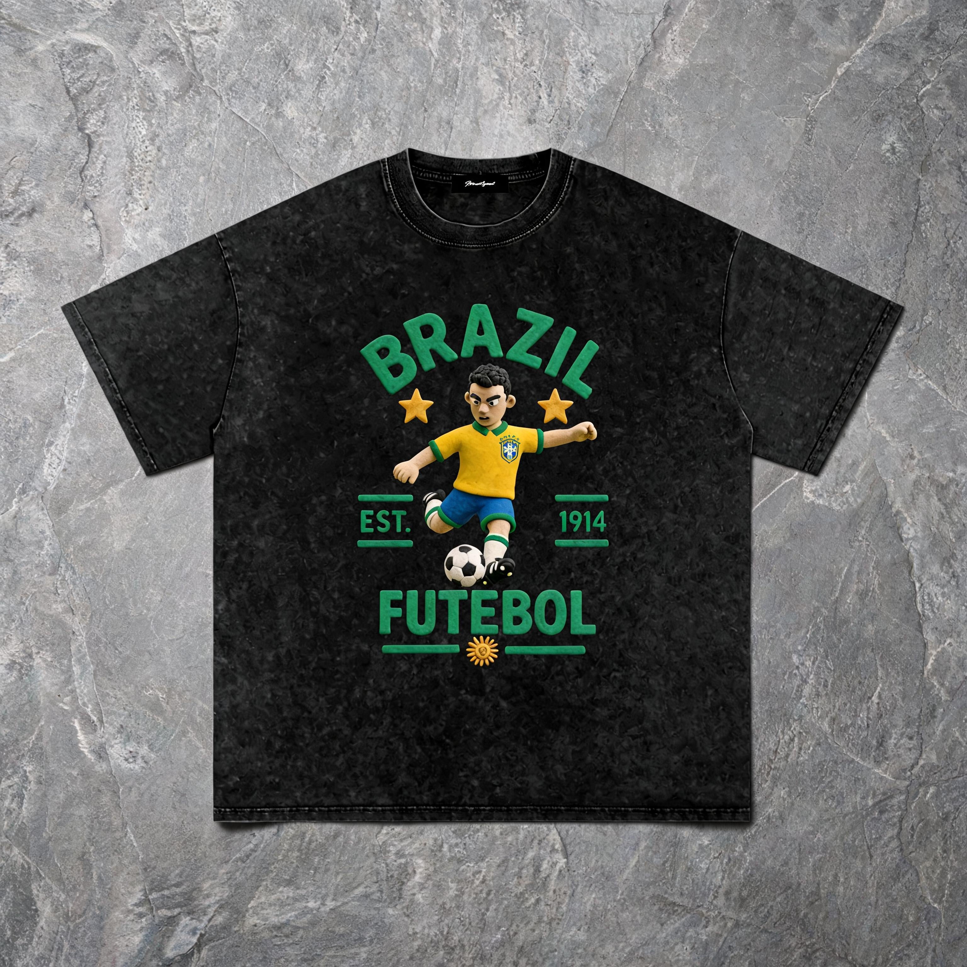 Close-up of the raised 3D claymation Brazil crest on the chest of the tee