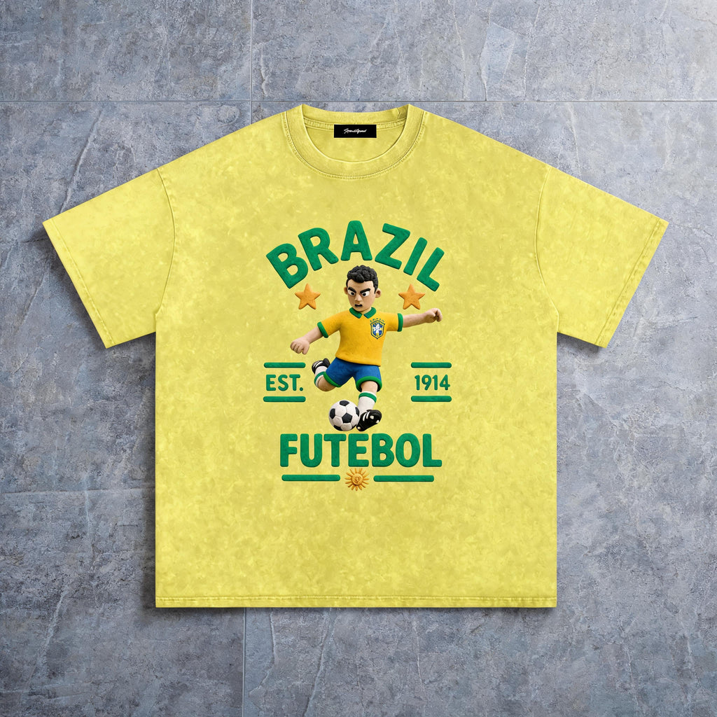 Brazil Claymation Edition tee with a hand-sculpted 3D claymation national-team crest in raised DTF print
