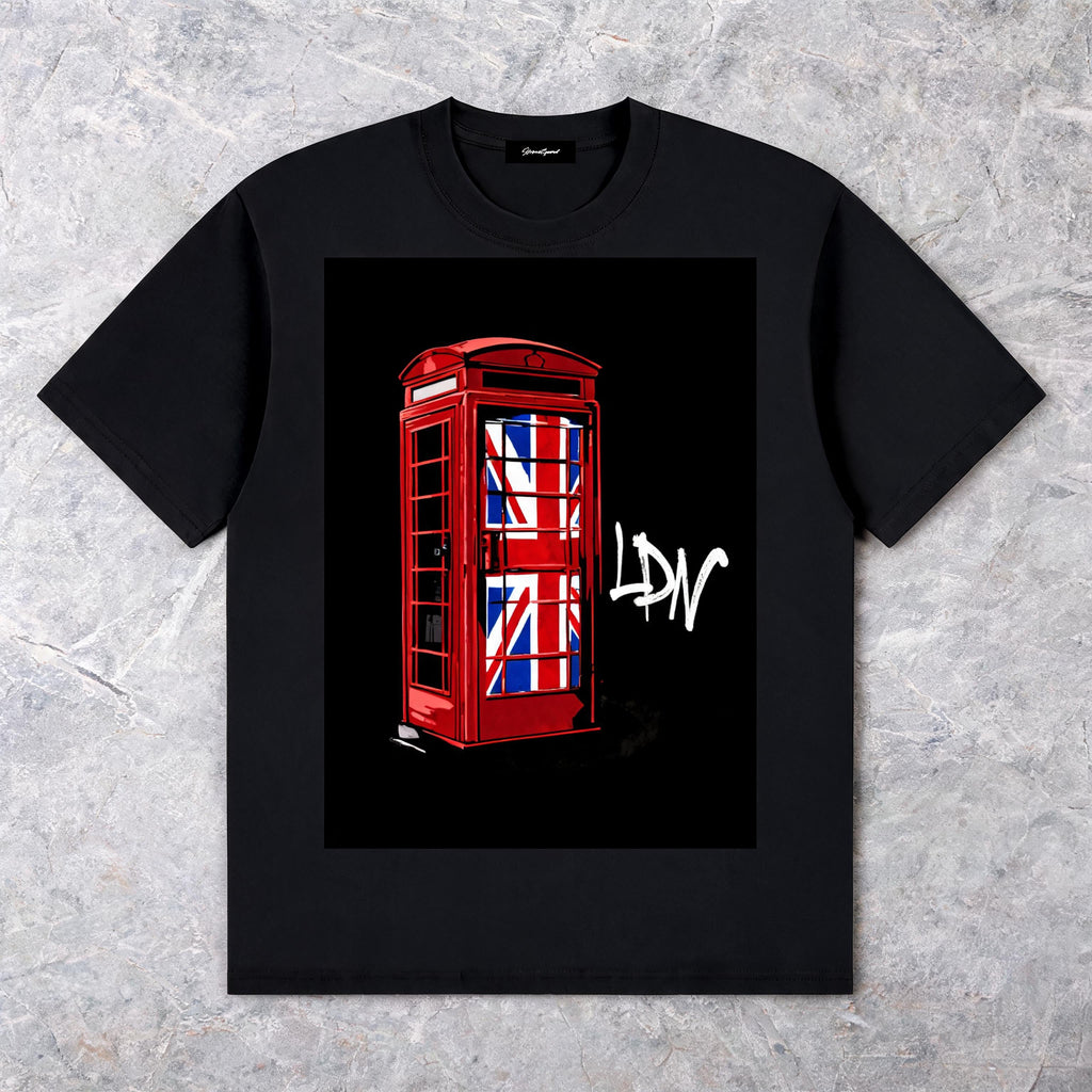 Ldn England seamless unisex cotton tee on model — front view, slate studio background