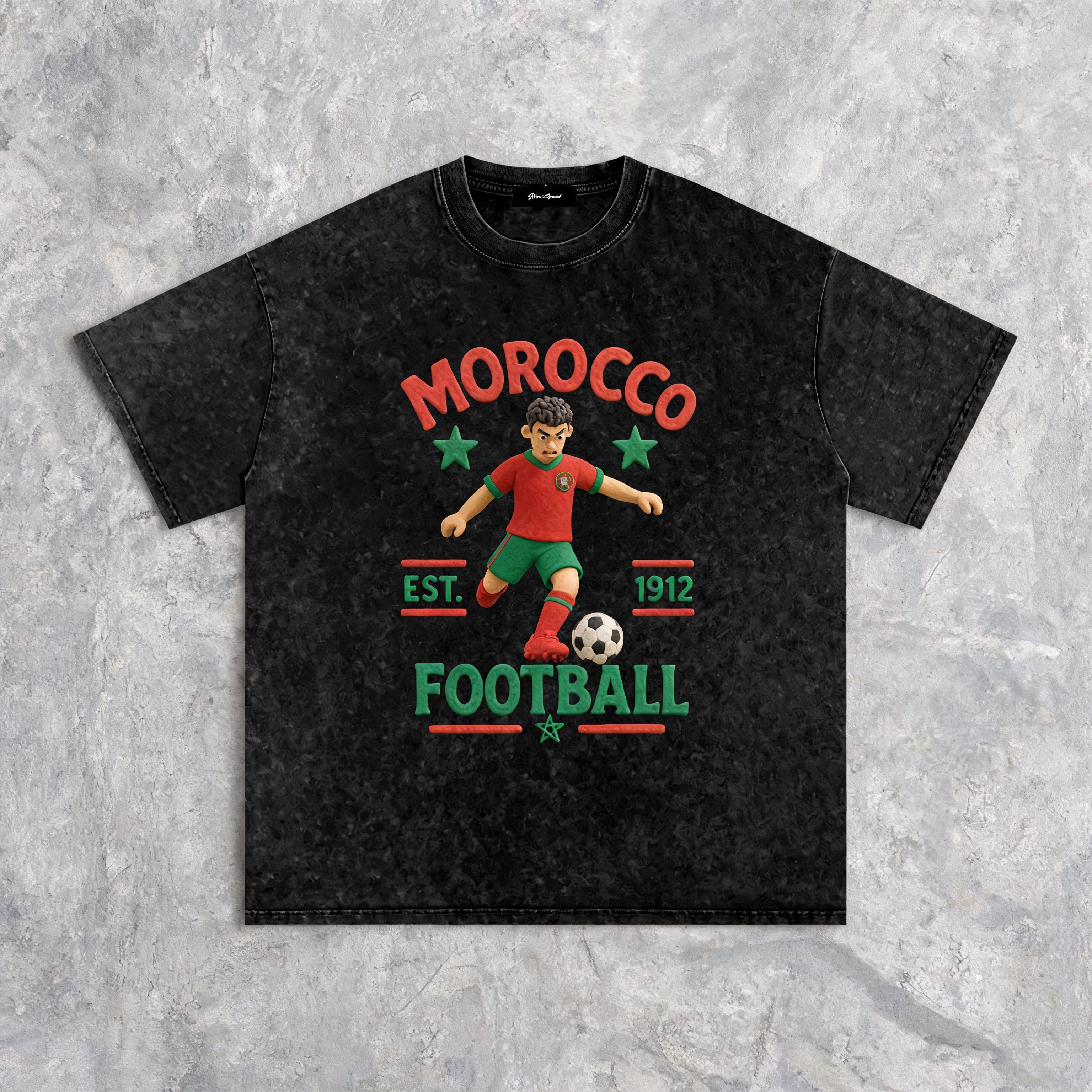 Morocco Claymation Edition tee with a hand-sculpted 3D claymation national-team crest in raised DTF print