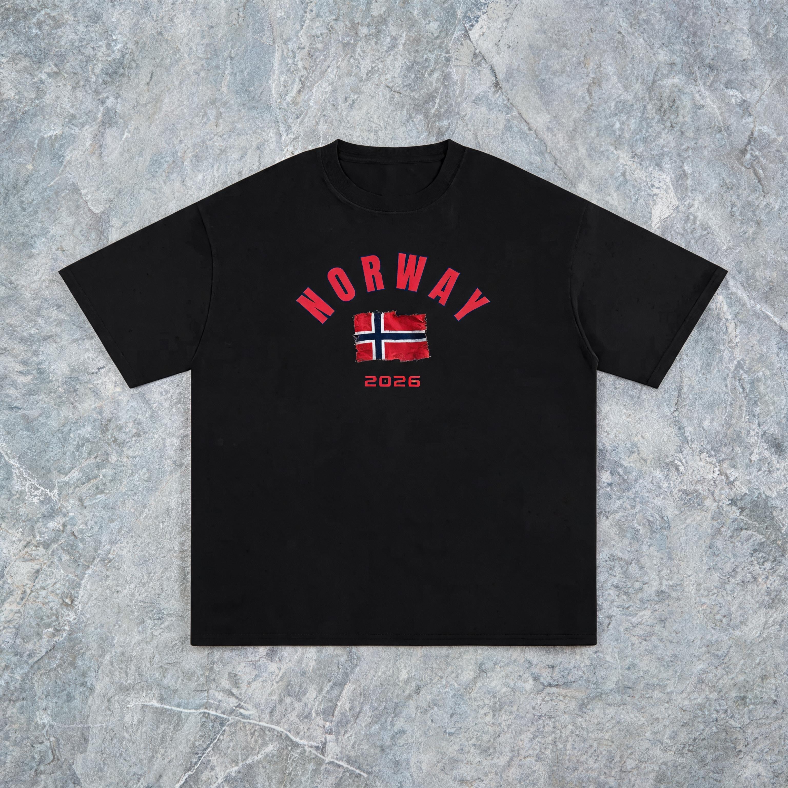 Norway 2026 unisex cotton tee on model — front view, slate studio background