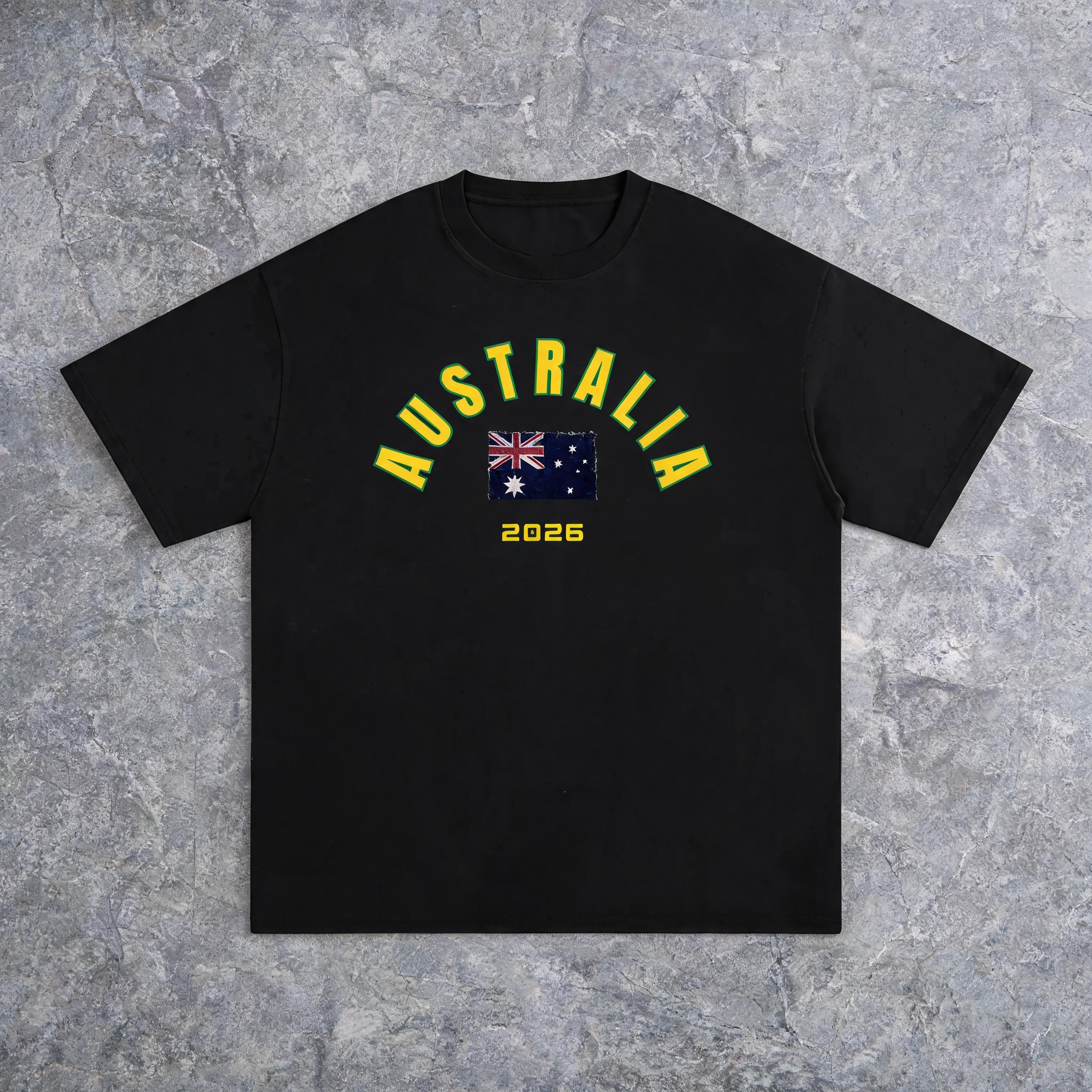 Australia 2026 unisex cotton tee on model — front view, slate studio background