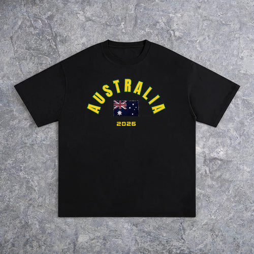 Australia 2026 unisex cotton tee on model — front view, slate studio background