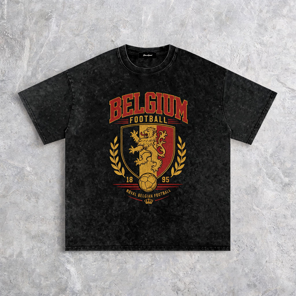 Belgium Vintage Heritage snow-washed heavyweight cotton tee with distressed heritage print, front view