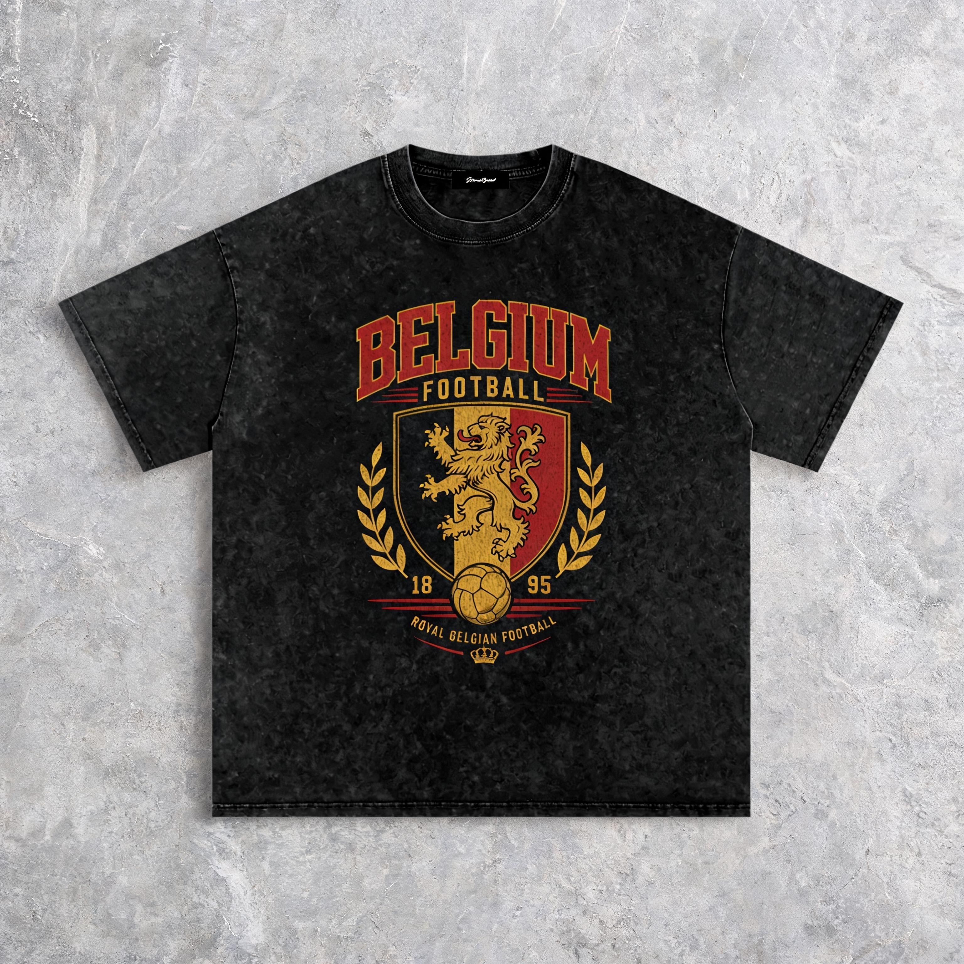 Belgium Vintage Heritage snow-washed heavyweight cotton tee with distressed heritage print, front view
