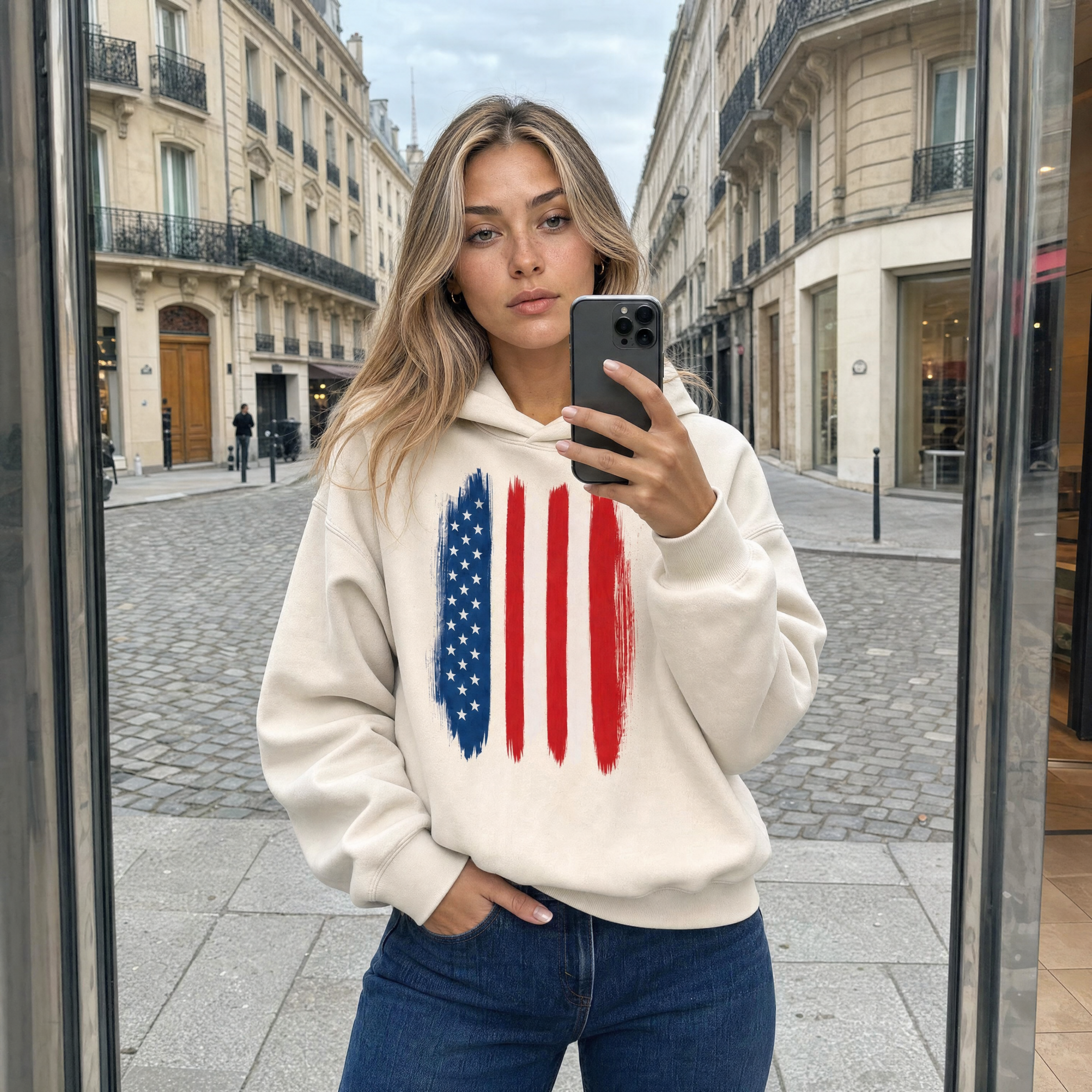 Brushstrokes Fleeced Boxy Hoodie - USA Edition — everyday paris mirror selfie lifestyle