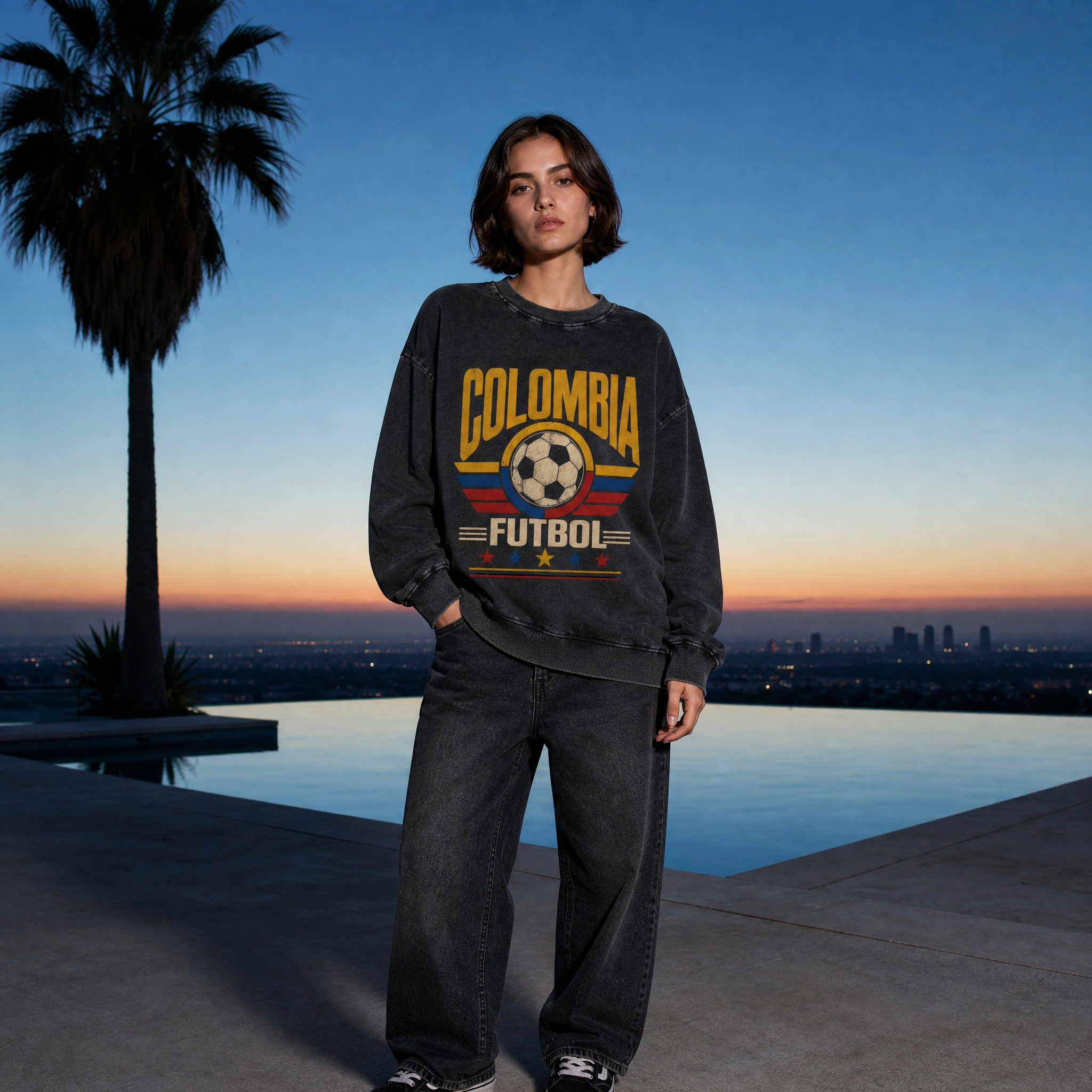 Colombia Vintage Football Crewneck — terrace dusk lifestyle