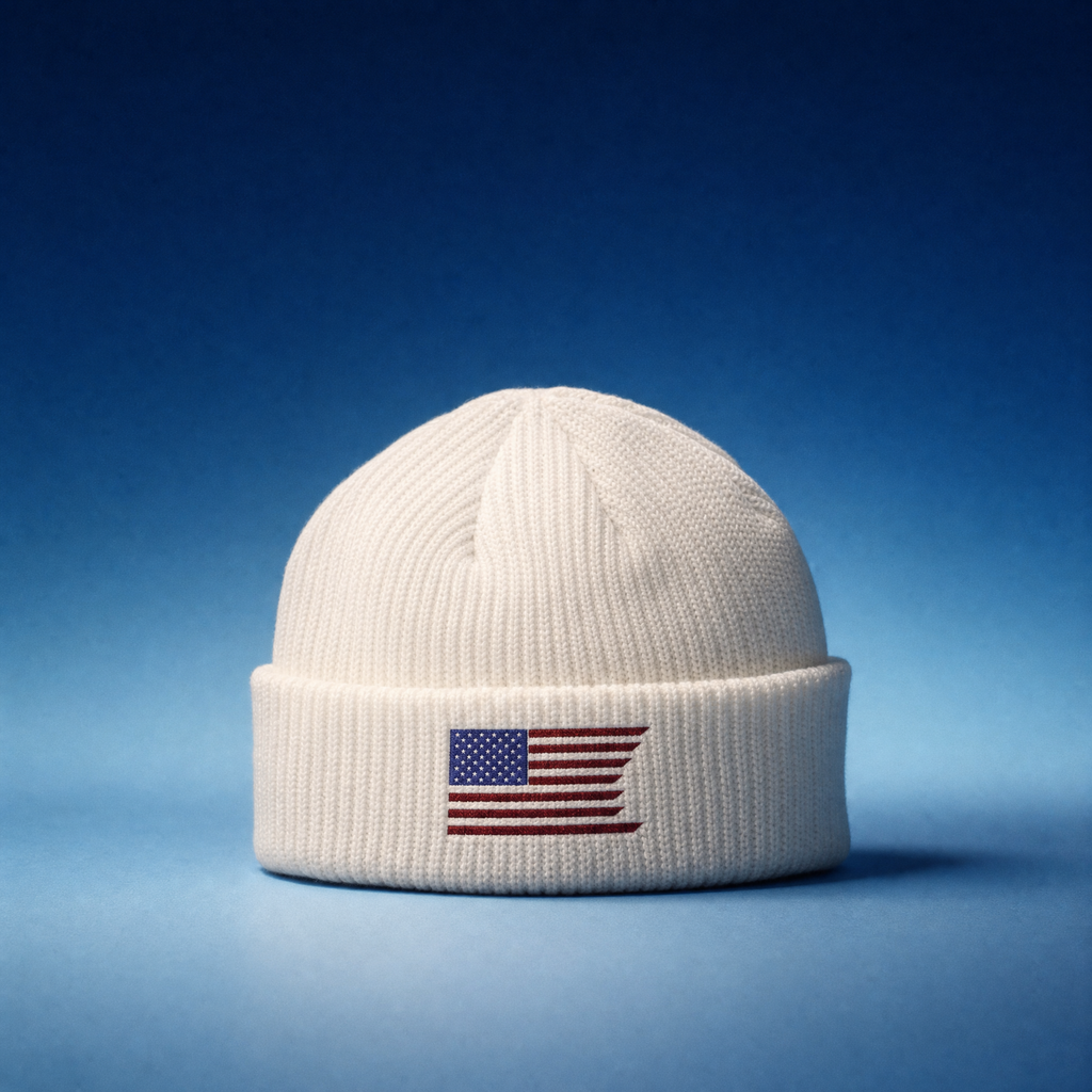 Embroidered Wavy American Flag Cuff Beanie — cobalt minimal lifestyle