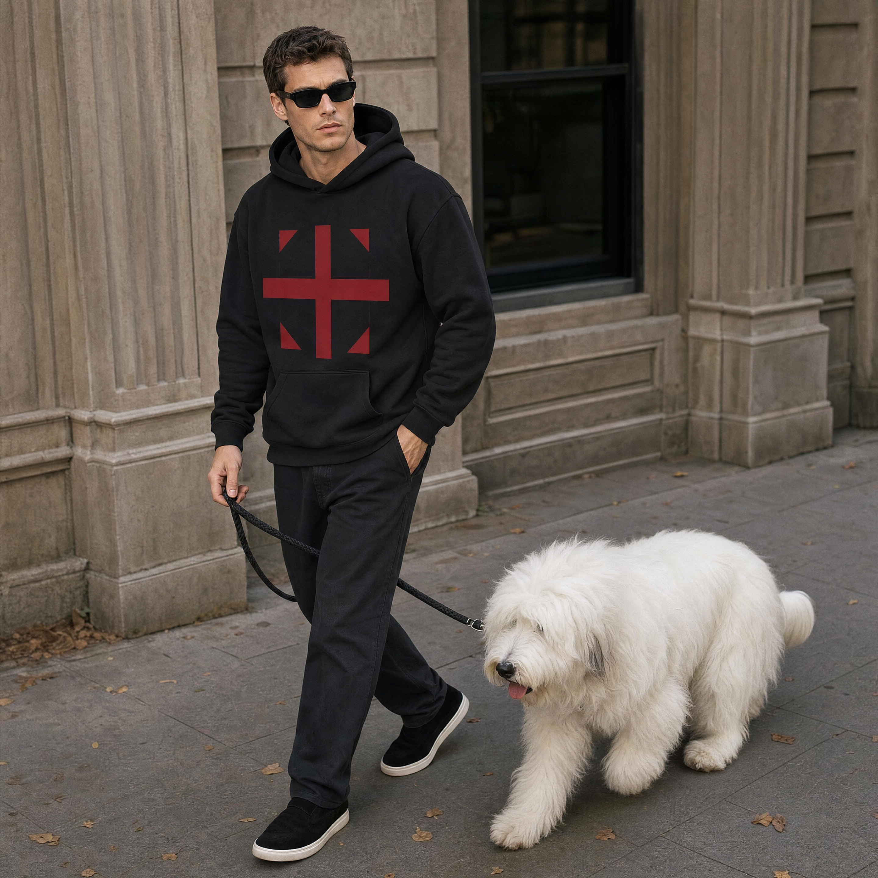England Fleeced Boxy Hoodie — dog walk lifestyle