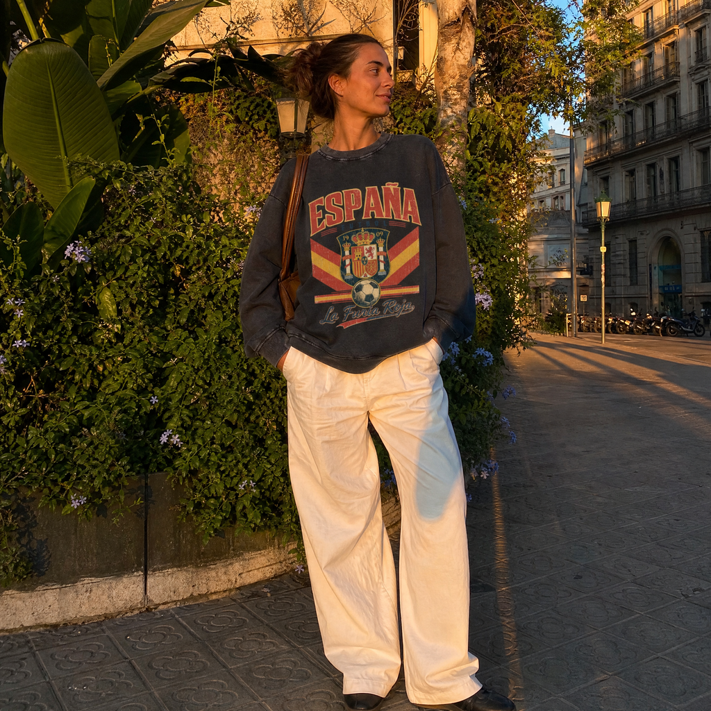 España Vintage Football Crewneck — Furia Roja — garden street lifestyle