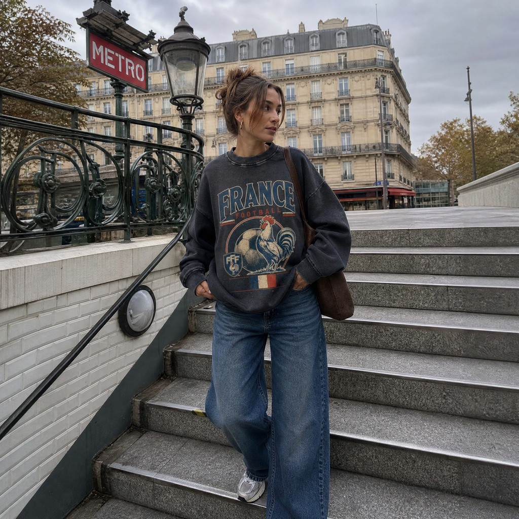 France Vintage Football Crewneck — metro stairs lifestyle