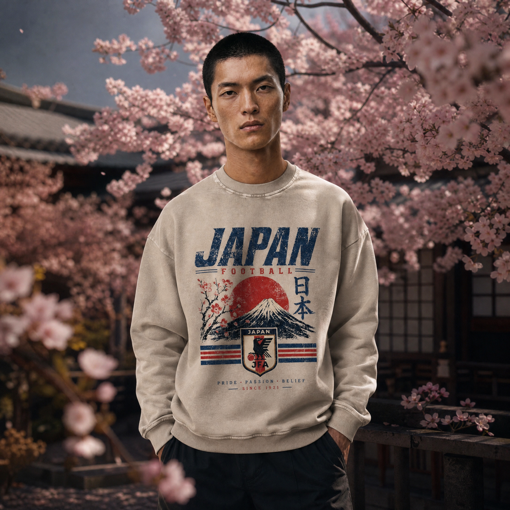 Japan Vintage Football Crewneck — cherry blossom lifestyle