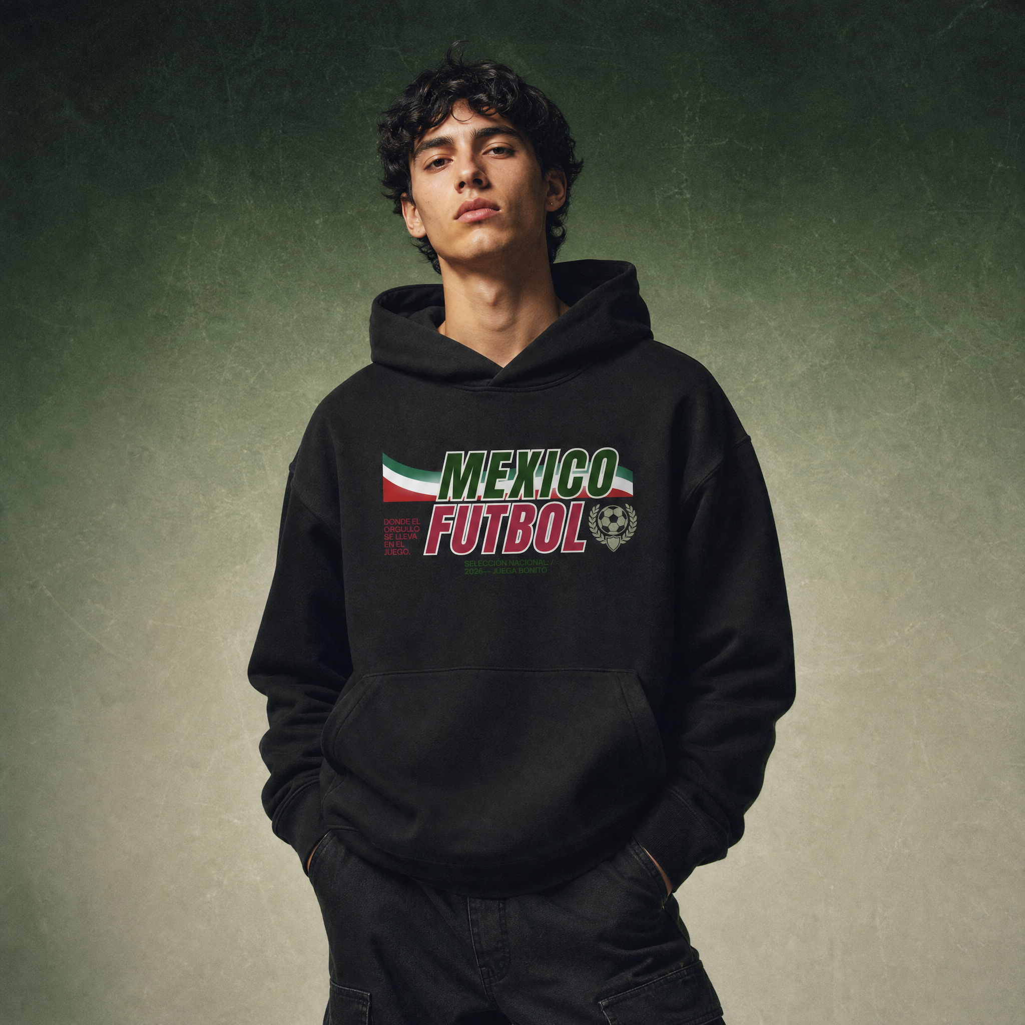 Mexico Soccer 90s Blockcore Fleeced Boxy Hoodie — studio portrait lifestyle