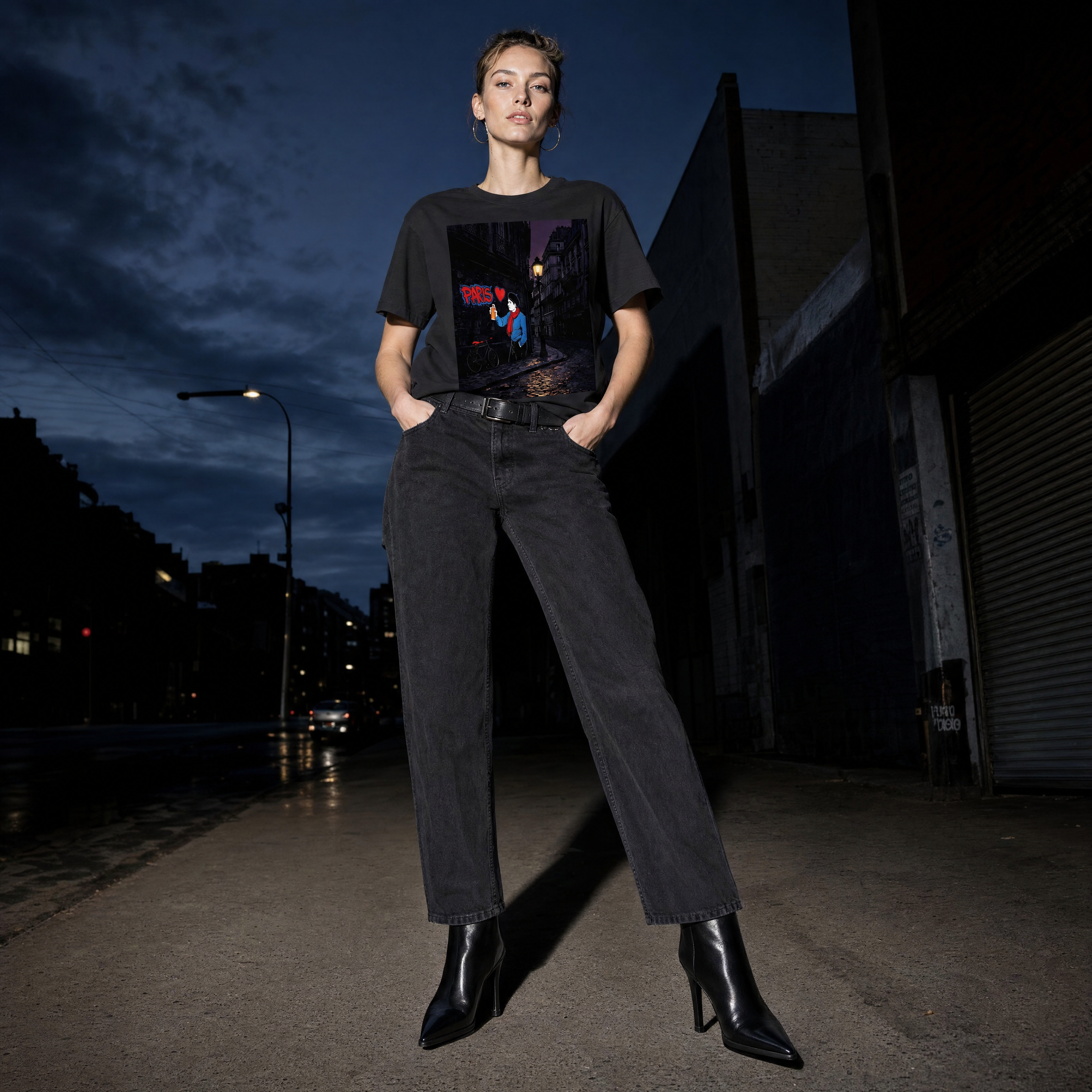 Paris Street Art Boxy France Tee — night street lifestyle