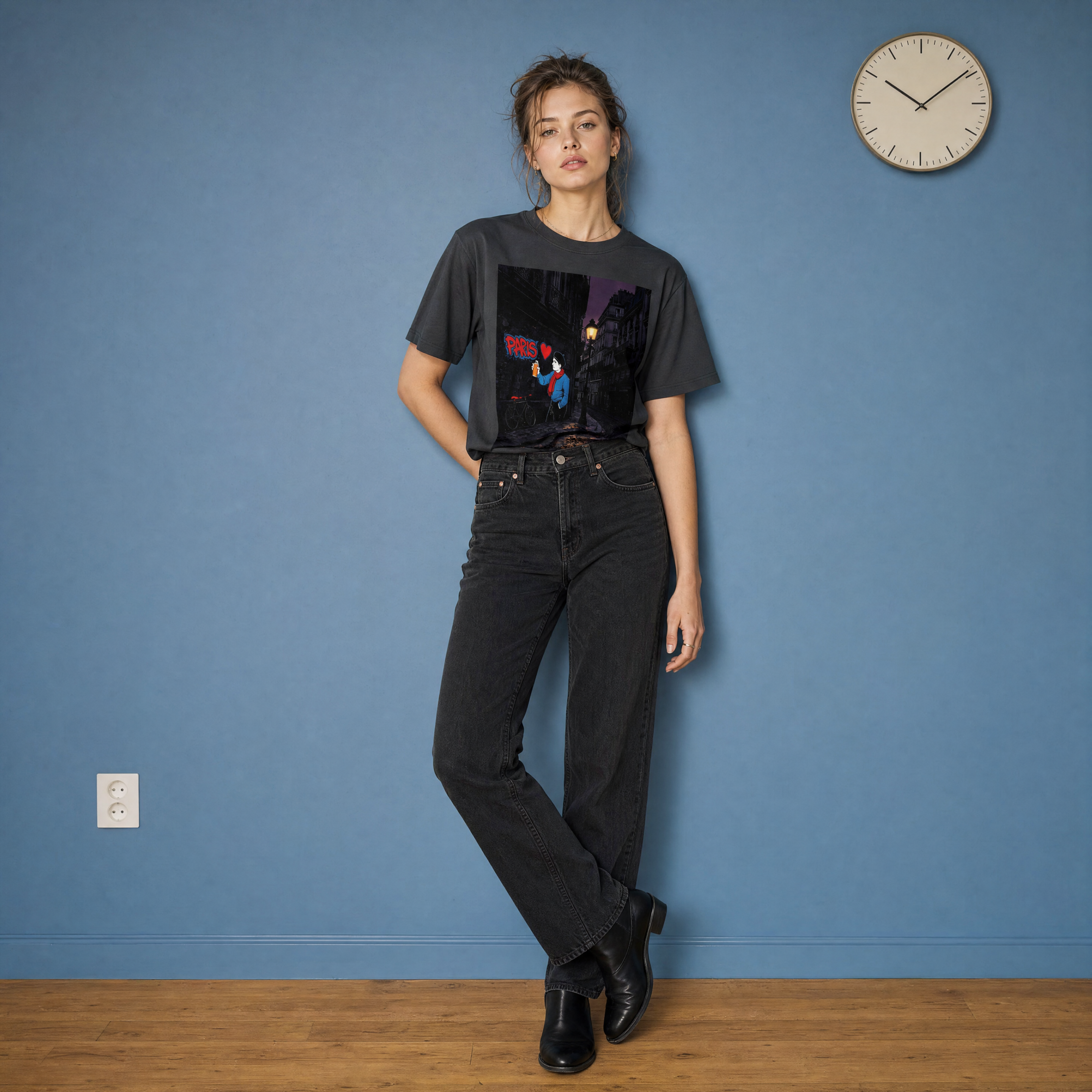 Paris Street Art Boxy France Tee — studio clock lifestyle