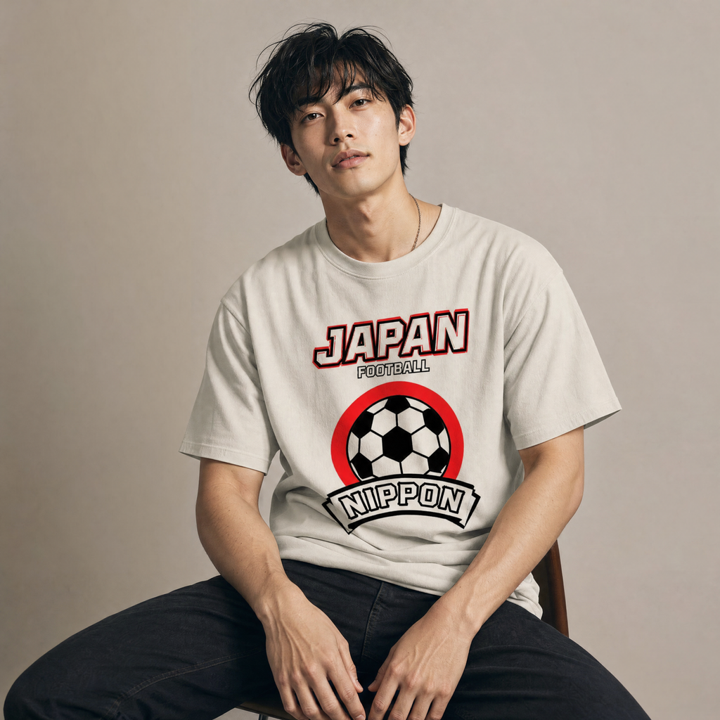 Retro Japan Football Unisex Pure Cotton T-Shirt — studio seated lifestyle