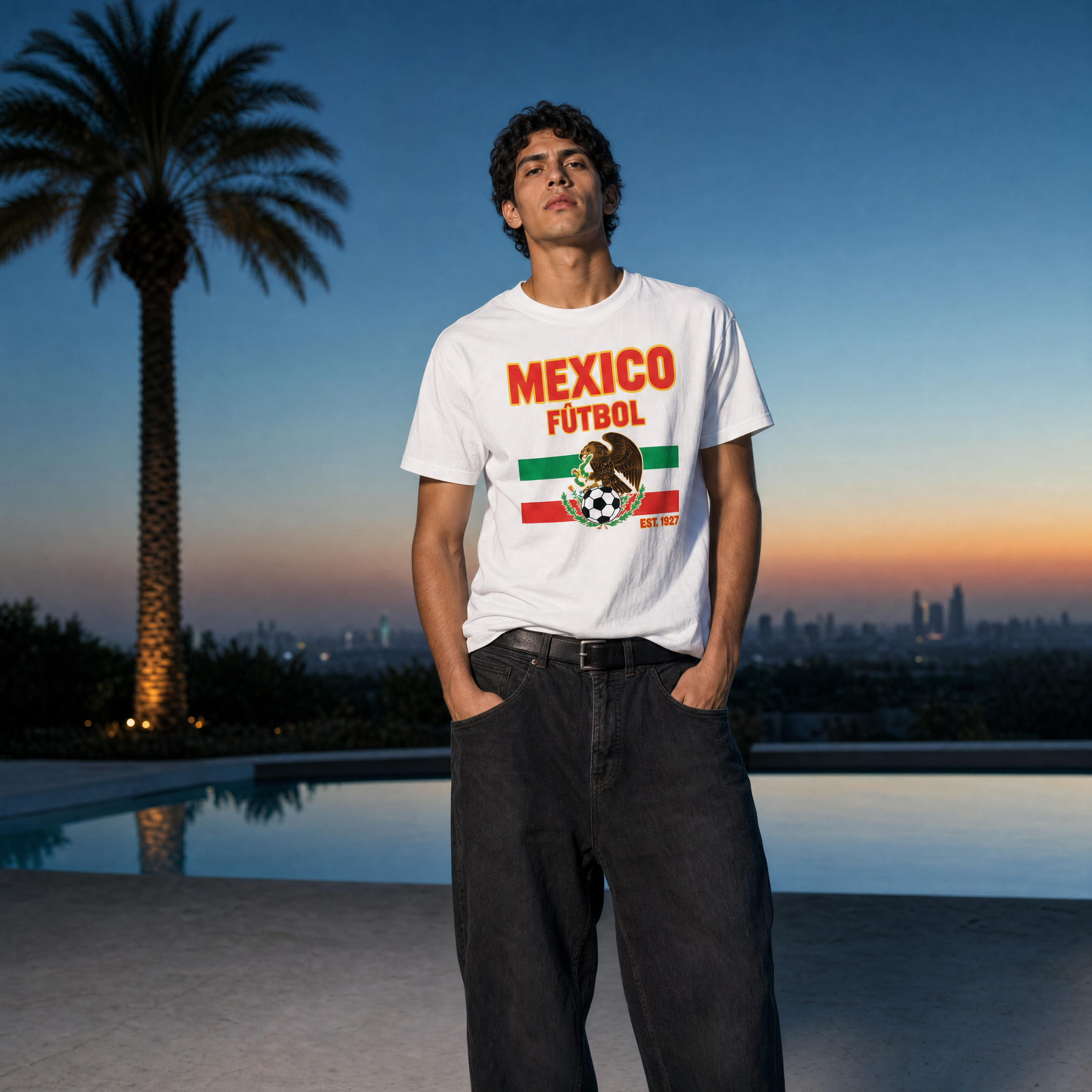 Retro Mexico Football Unisex Pure Cotton T-Shirt — poolside dusk lifestyle