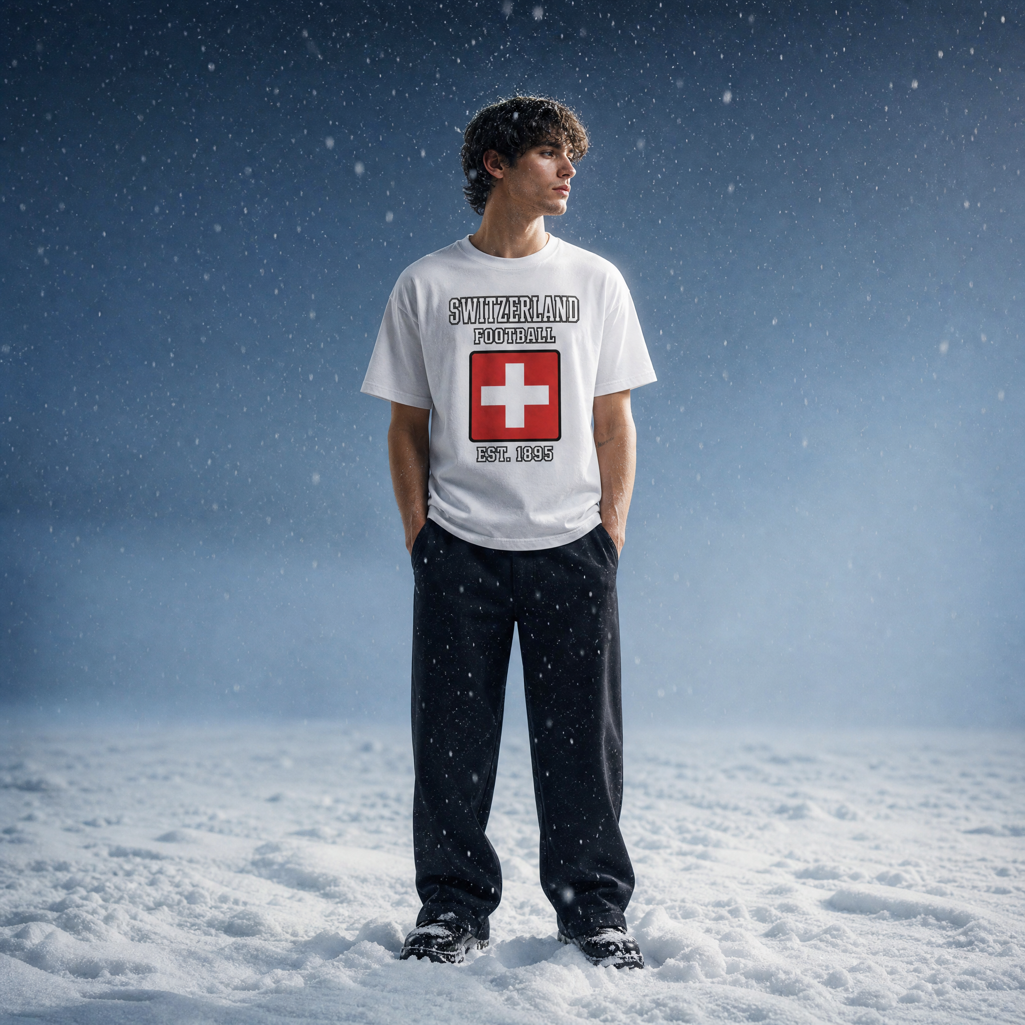 Retro Switzerland Football Unisex Pure Cotton T-Shirt — snowy field lifestyle