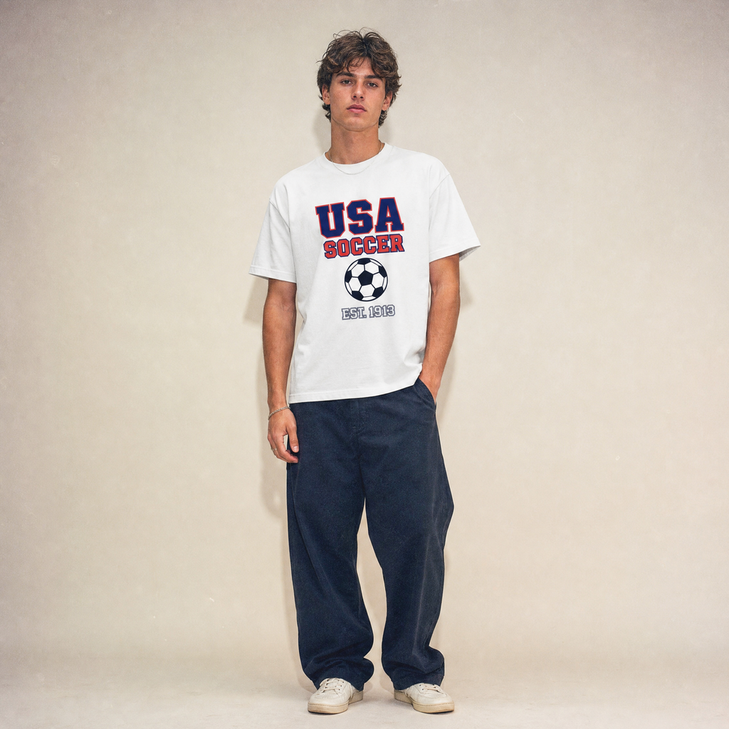 Retro USA Soccer Unisex Pure Cotton T-Shirt — studio model lifestyle