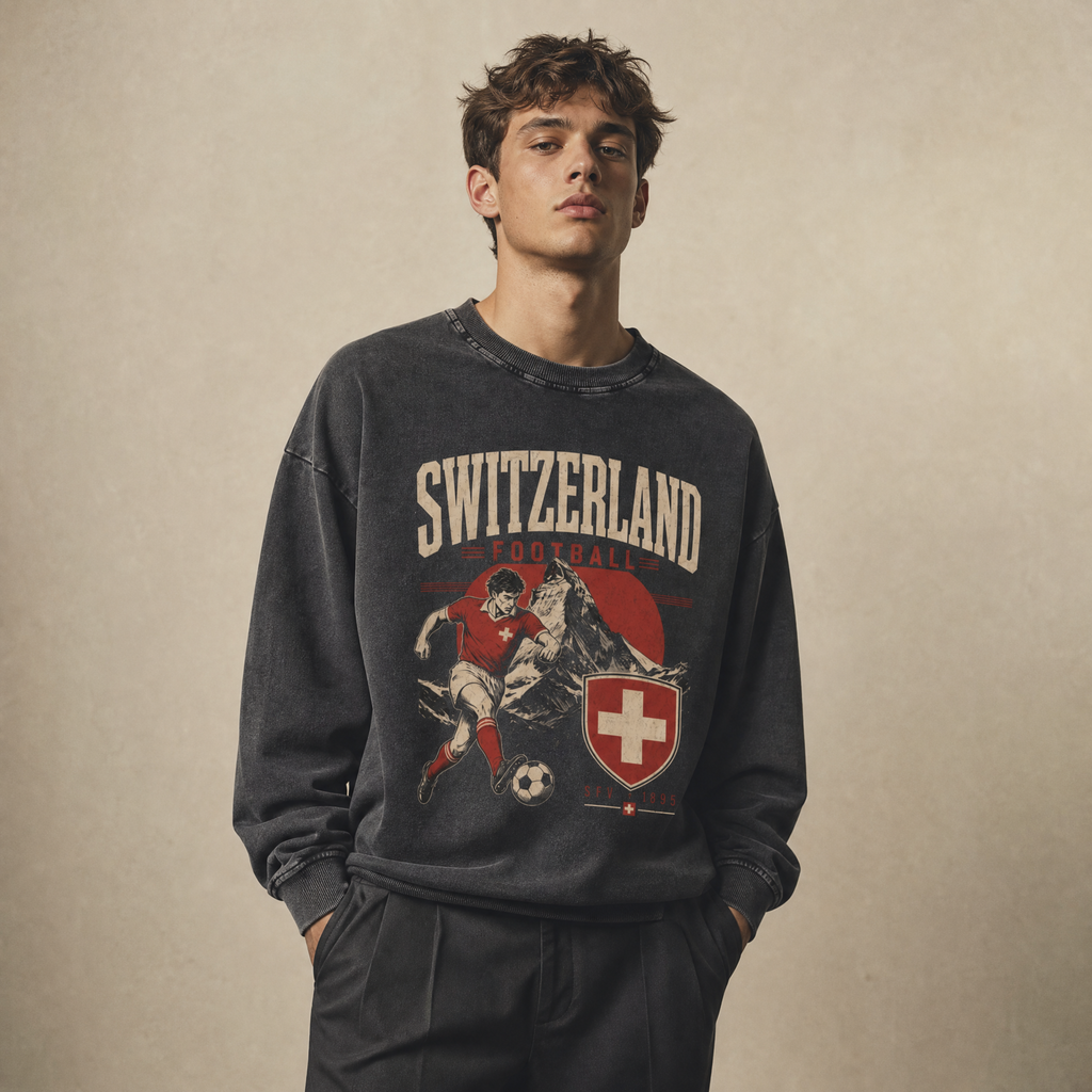 Switzerland Vintage Football Crewneck — studio portrait lifestyle
