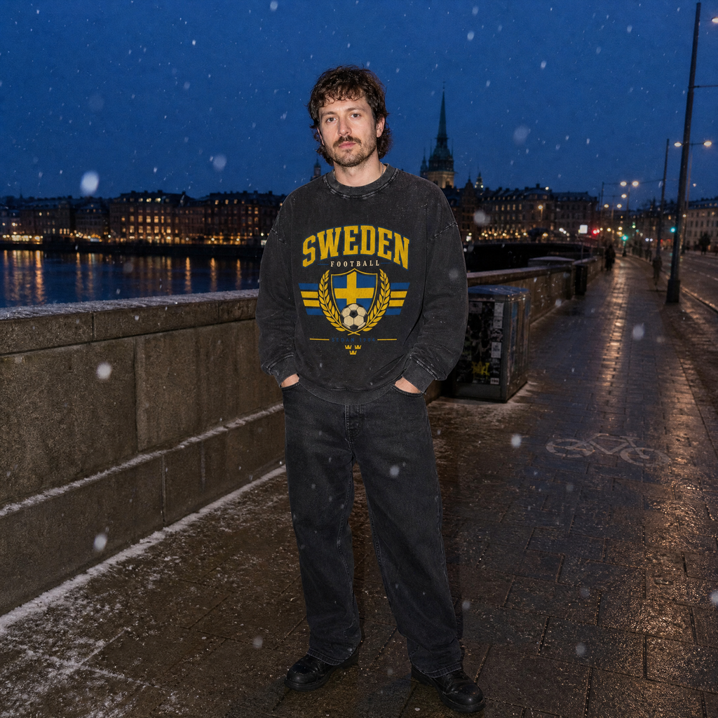 Sweden Vintage Football Crewneck — night harbor lifestyle