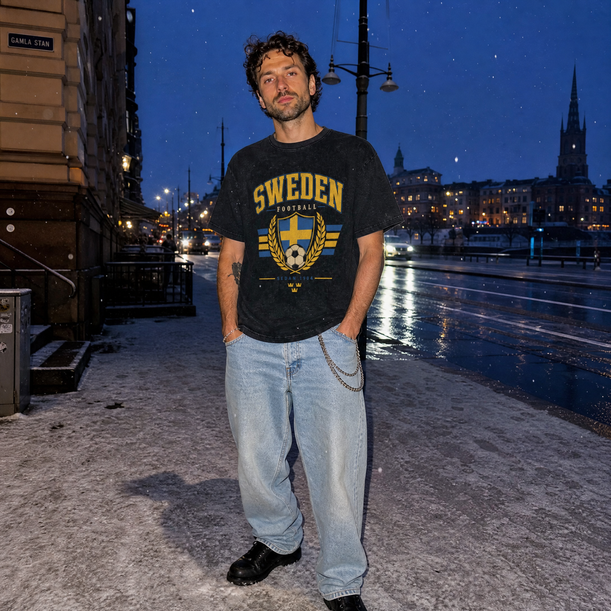 Sweden Vintage Football Tee — night street lifestyle