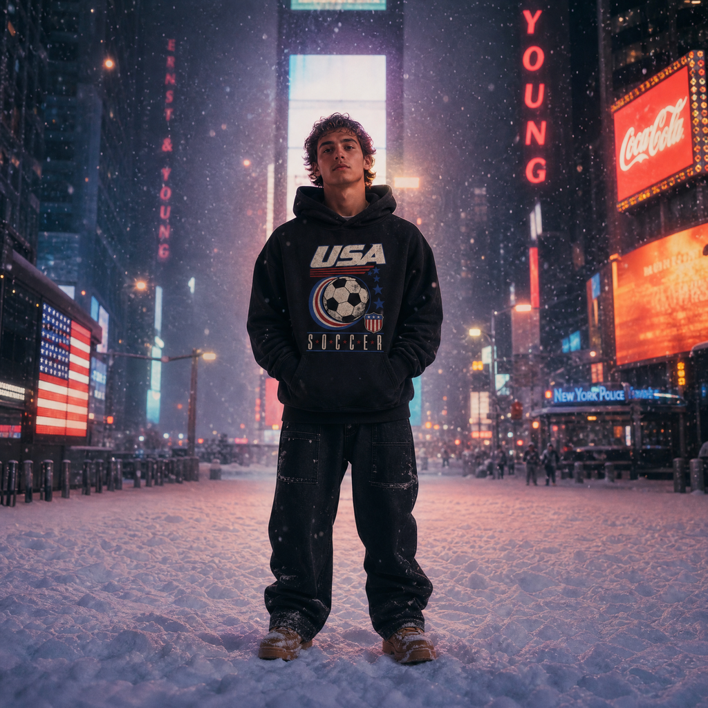USA Vintage Soccer Hoodie — times square night lifestyle