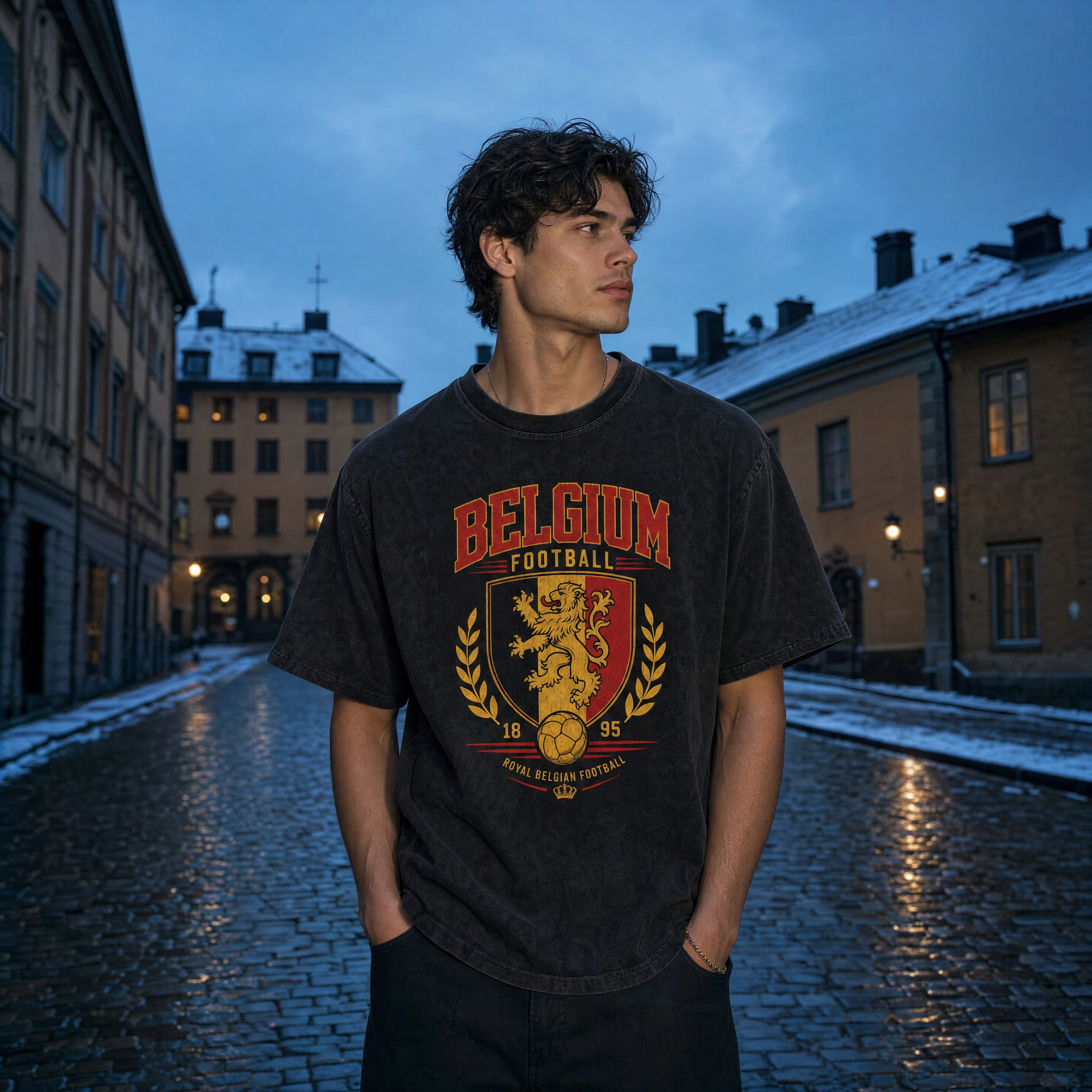 Vintage Heritage Snow Washed Cotton T-Shirt - Belgium Edition — night street lifestyle