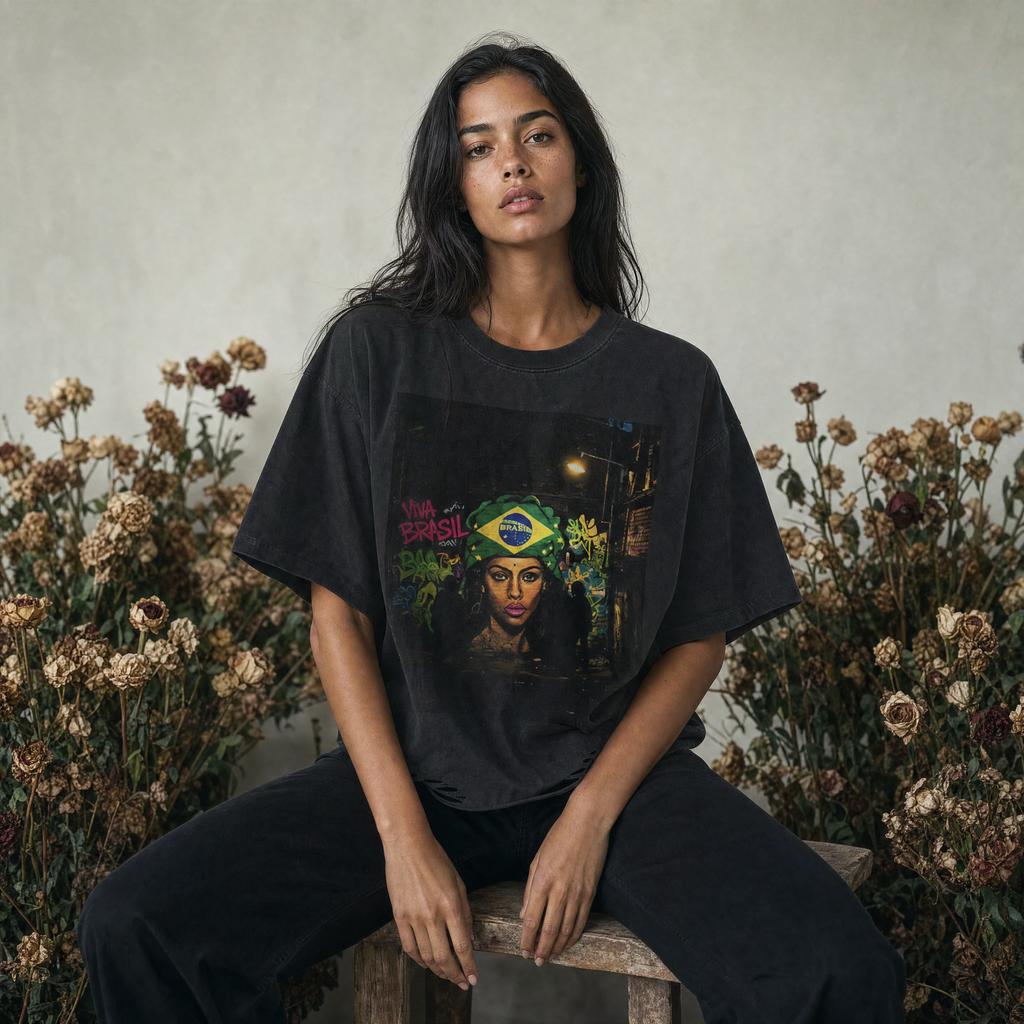 Viva Brasil Snow Washed Raw-Hem T-Shirt - Brazil Tee — studio boxy lifestyle