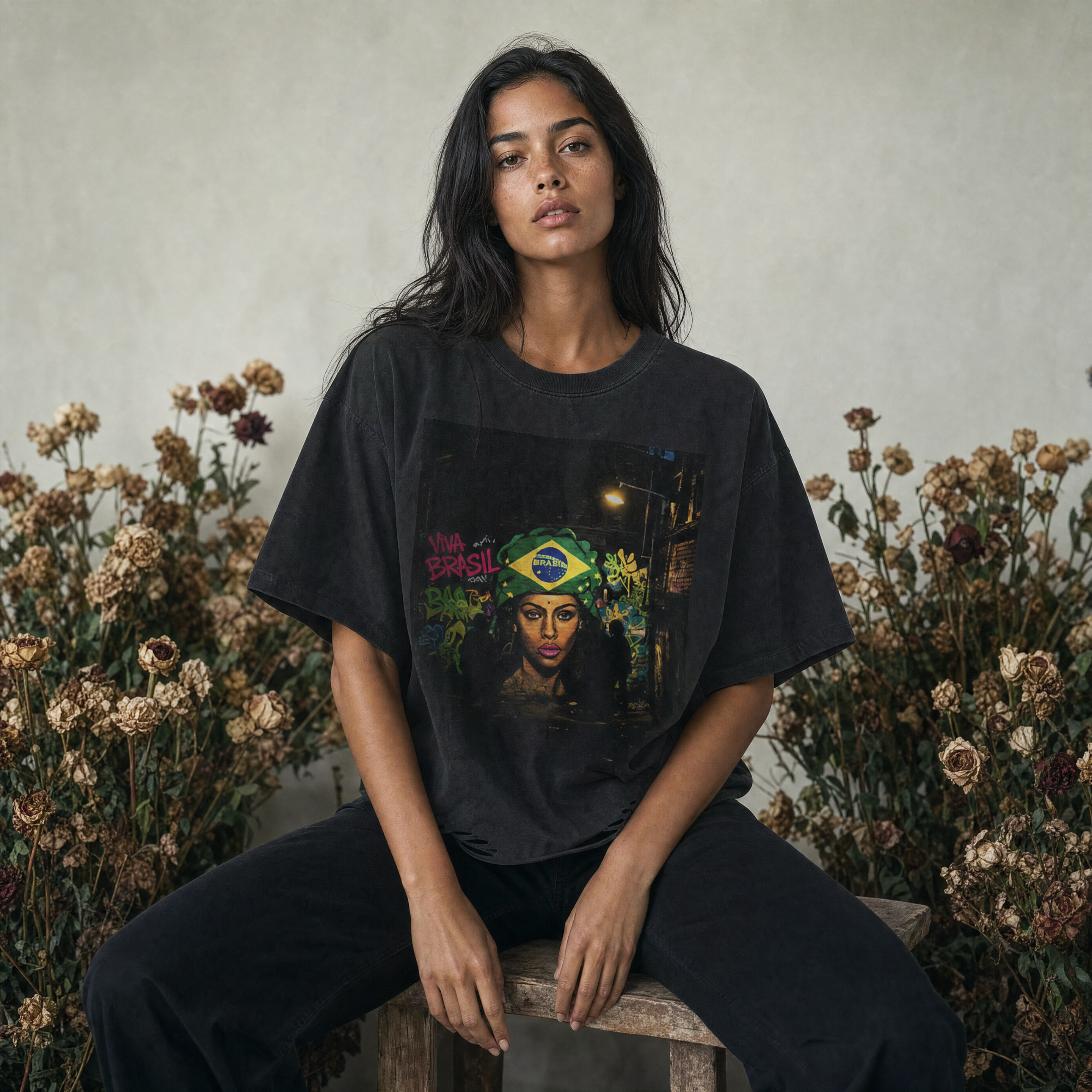 Viva Brasil Snow Washed Raw-Hem T-Shirt - Brazil Tee — studio boxy lifestyle
